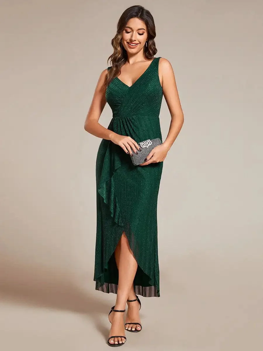 Gorgeous Evening Dresses High-Low Ruffle Mermaid with V-Neck Midi Length 2024 Ever Pretty of Dark Green Wedding Guest Dress - Image 4