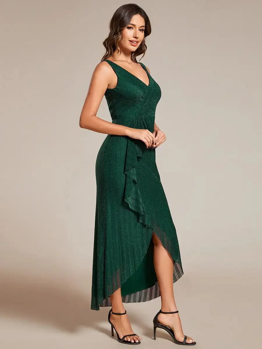 Gorgeous Evening Dresses High-Low Ruffle Mermaid with V-Neck Midi Length 2024 Ever Pretty of Dark Green Wedding Guest Dress - Image 3