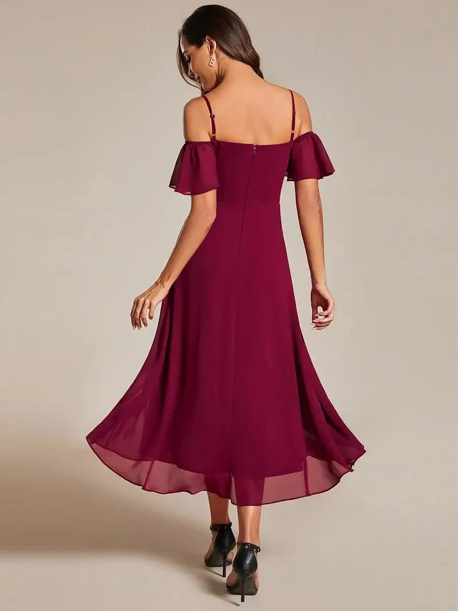 Elegant Evening Dresses Spaghetti Strap Cold Shoulder 2024 Ever pretty of Chiffon A-Line Burgundy Midi Wedding Guest Dress - Image 2