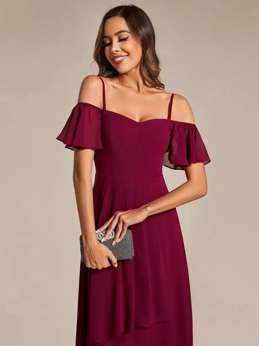 Elegant Evening Dresses Spaghetti Strap Cold Shoulder 2024 Ever pretty of Chiffon A-Line Burgundy Midi Wedding Guest Dress - Image 5