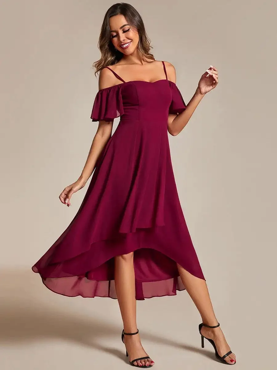 Elegant Evening Dresses Spaghetti Strap Cold Shoulder 2024 Ever pretty of Chiffon A-Line Burgundy Midi Wedding Guest Dress - Image 3