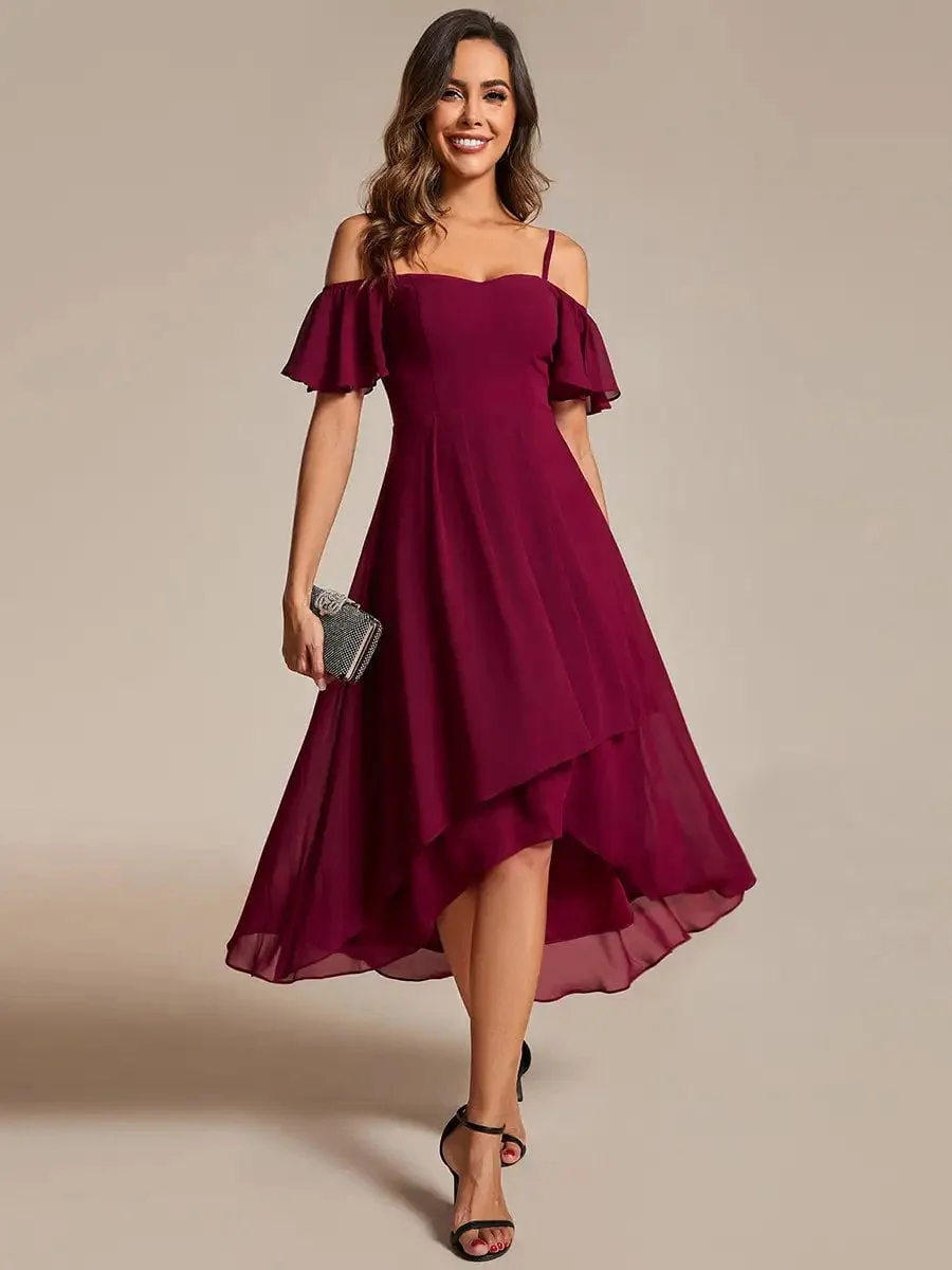 Elegant Evening Dresses Spaghetti Strap Cold Shoulder 2024 Ever pretty of Chiffon A-Line Burgundy Midi Wedding Guest Dress - Image 4